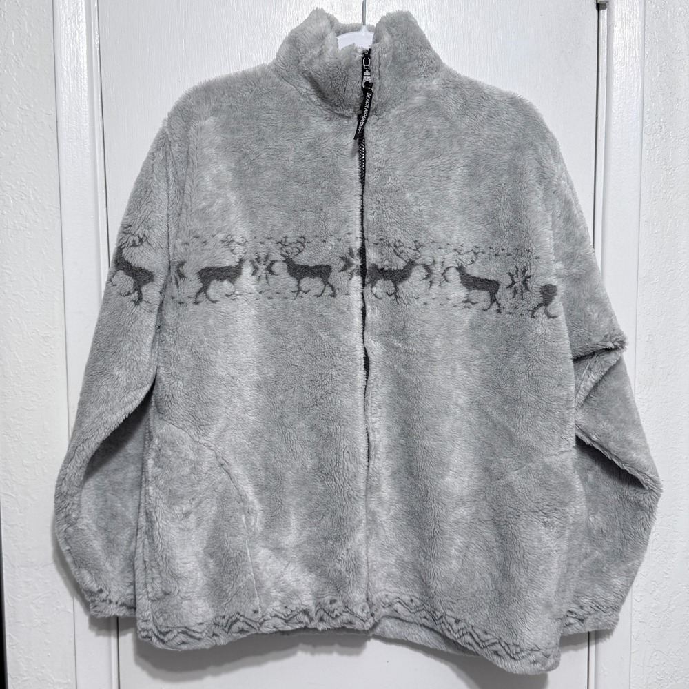 Black Mountain Outdoor Reindeer Fleece Jacket Gray Full Zip Mock Neck Medium
